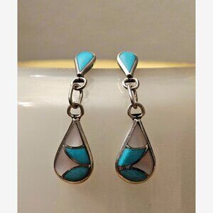 Zuni Francis Leekya Sterling Silver Turquoise & Mother of Pearl Inlay Earrings